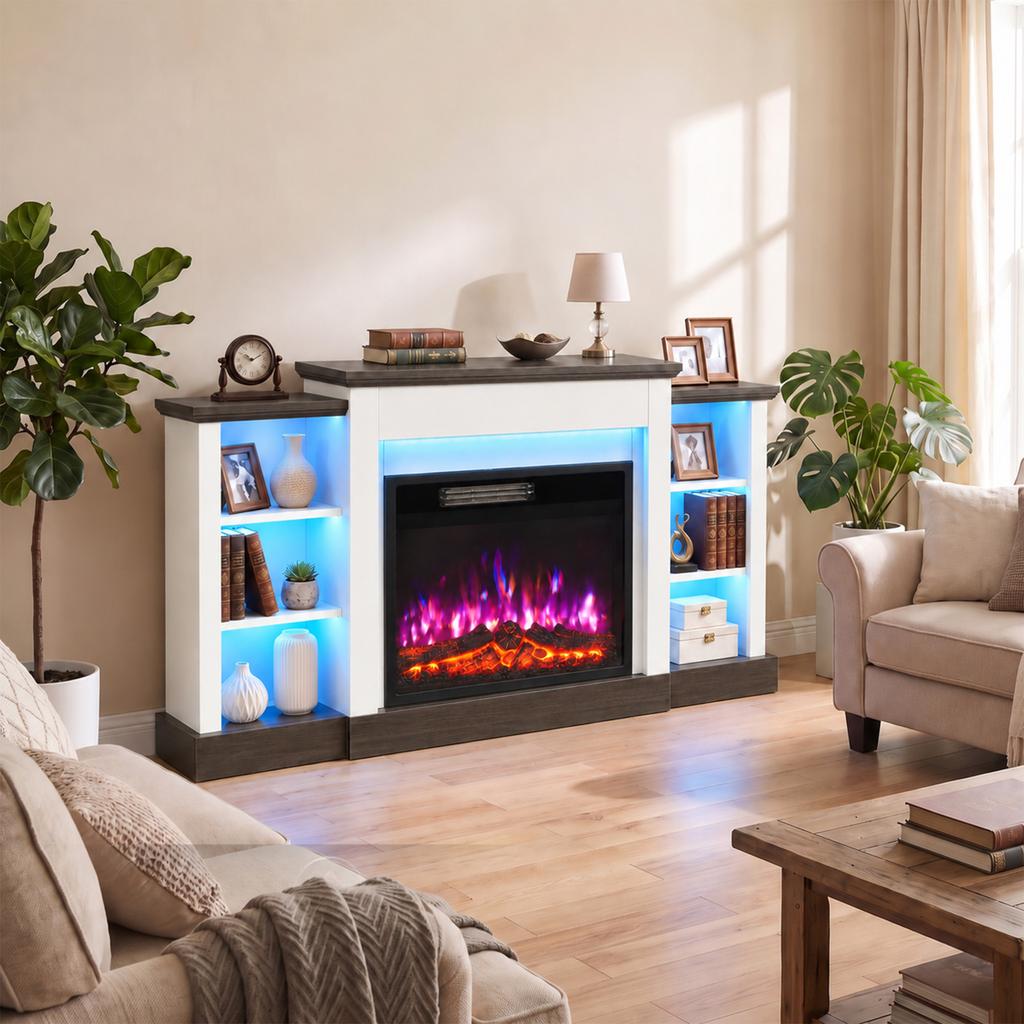 Electric Fireplace TV Stand 138cm, LED Strips, Adjustable Flame Effect, 6 Shelves, Entertainment Center Console Table