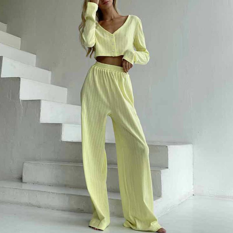 Causal Solid V Neck T-shirt Pants Suit Long Sleeve Crop Top Elastic Waist Wide Leg Pant Sets Spring Homewear Outfit