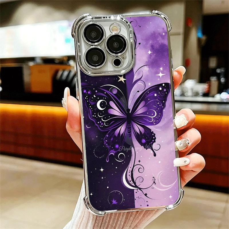 

Beautiful Purple Butterfly Plating Phone Case For Iphone 16 17 Pro Max Air 16E 14 15 Plus 12 13 Mini Anti-Fall Airabag Cover iPhone 12 Pro