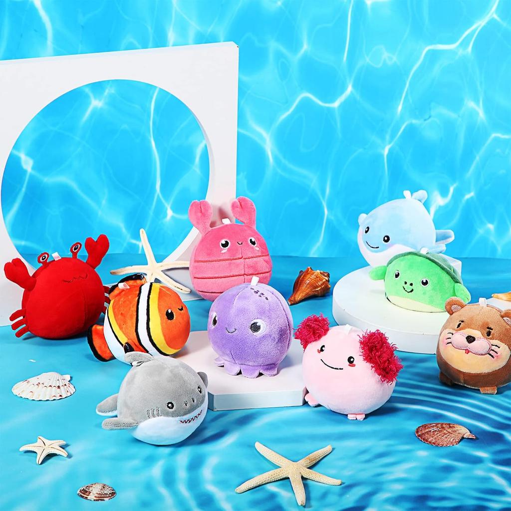 9 Pcs Mini Sealife Stuffed Animals 3.15 Inch Stuffed Shark Turtle Ocean Animal Plushies for Birthday Ocean Party Decors Gift Bag Fillers Valentines