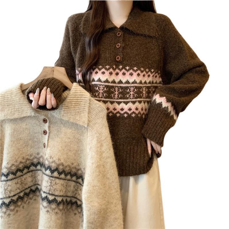 Women's Fair Isle Polo Collar Sweater - Autumn/Winter 2026 Soft Knit Pullover