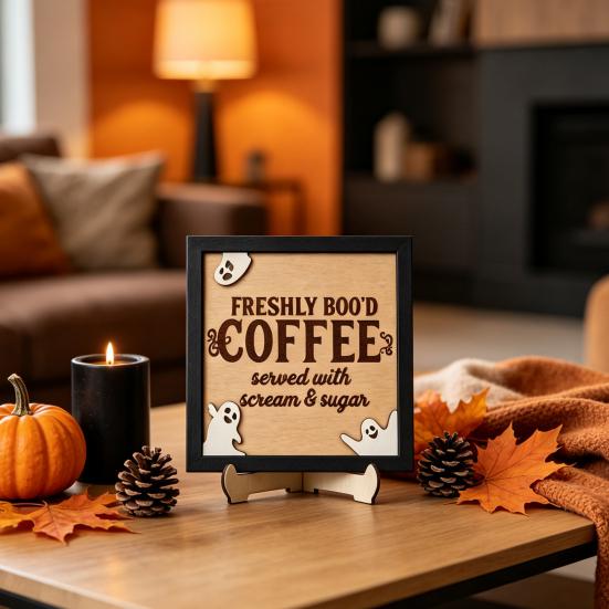 Holiday Atmosphere Home Decor Halloween Wooden Coffee Photo Frame, Retro Distressed Sign for Decorative Holder Countertop Decor, Rustic Autumn