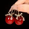 Luxury Wine Red Diamond Bowknot Cherry Drop Earrings with Beads for Women