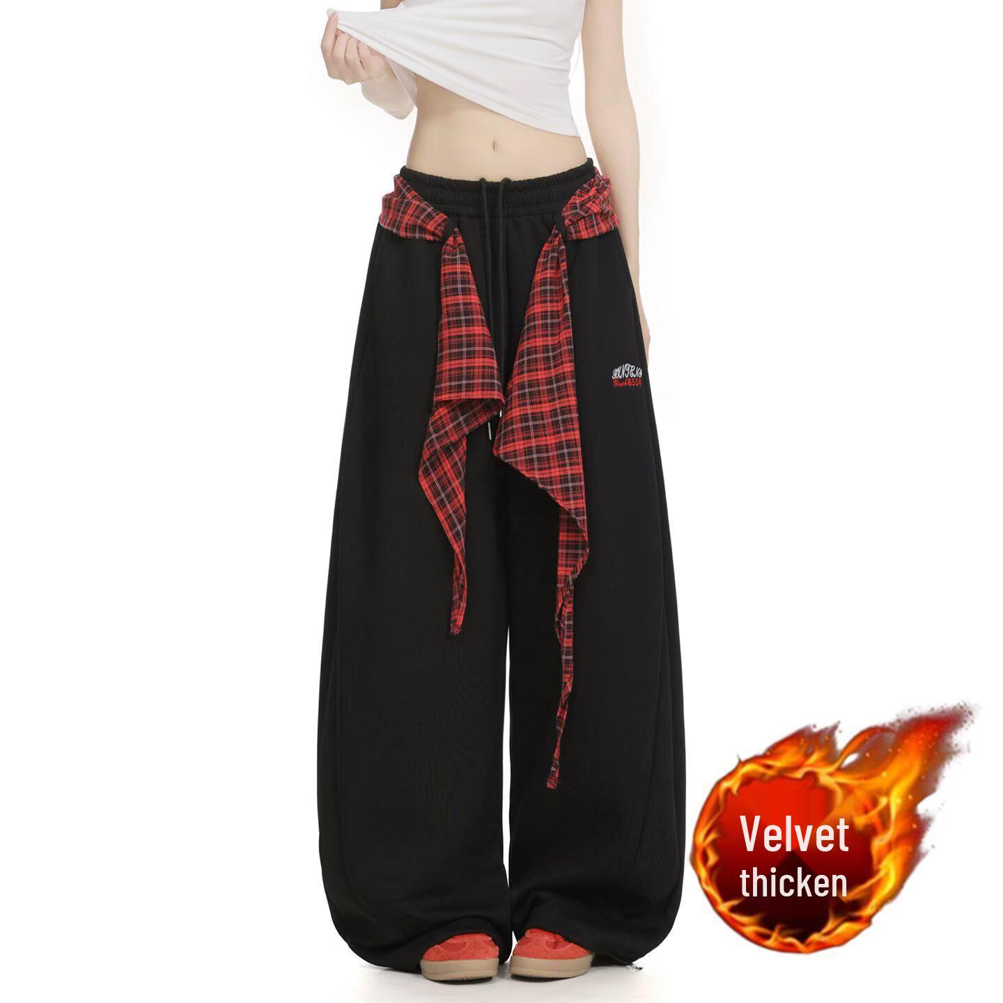 

Free Belt Checkered Layered Plus Velvet Wide-Leg Sweatpants for Women - Winter Hip Hop Dance Scimitar Pants M