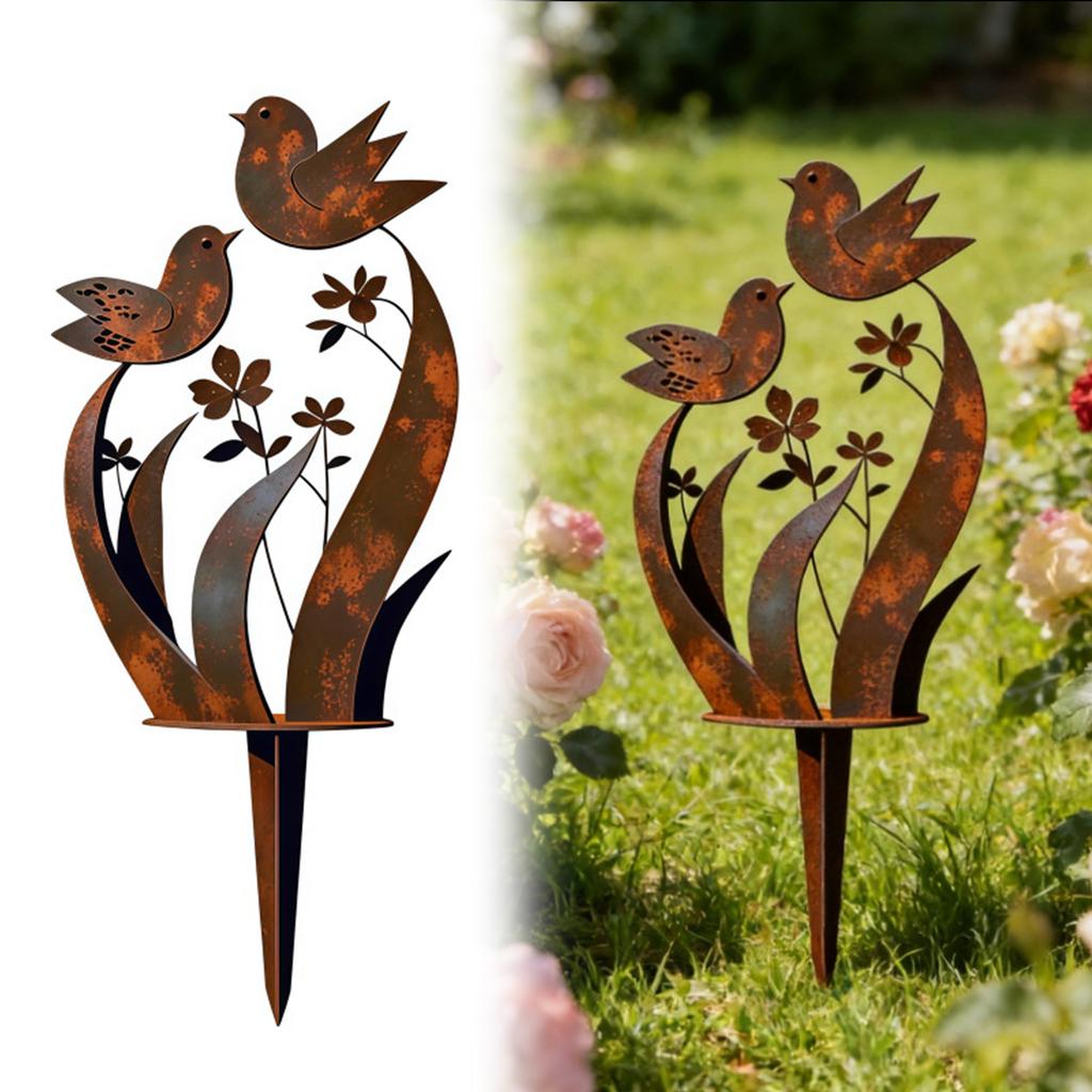 Metall-Gartenstecker mit Vogel- und Blumendesign Dekorative Außenpflanzenstecker für Hof Rasen Rustikales Gartenkunst-Ornament Dekor