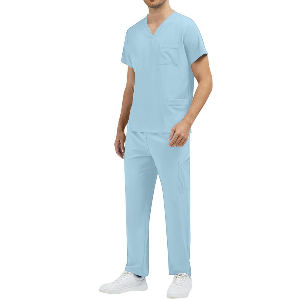 Men’s V Neck Short Sleeve Scrub Set Two Piece Uniform with Chest Pocket and Straight Leg Pants for Medical Work