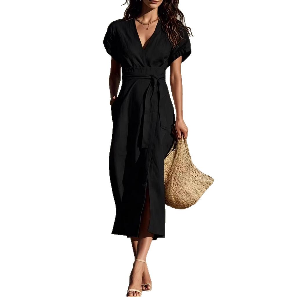 2026 New European and American Cross-border Independent Station Foreign Trade, Casual Simple Solid Color Lace-up V-neck Pocket Medium and Long Dress