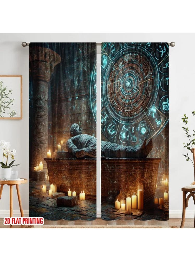 

2pc 2D plane printing Window Curtain Ancient Egyptian mummies unleash the magic power of the sacred temple Versatile 100% 100*130 Rod Pocket 1pcs