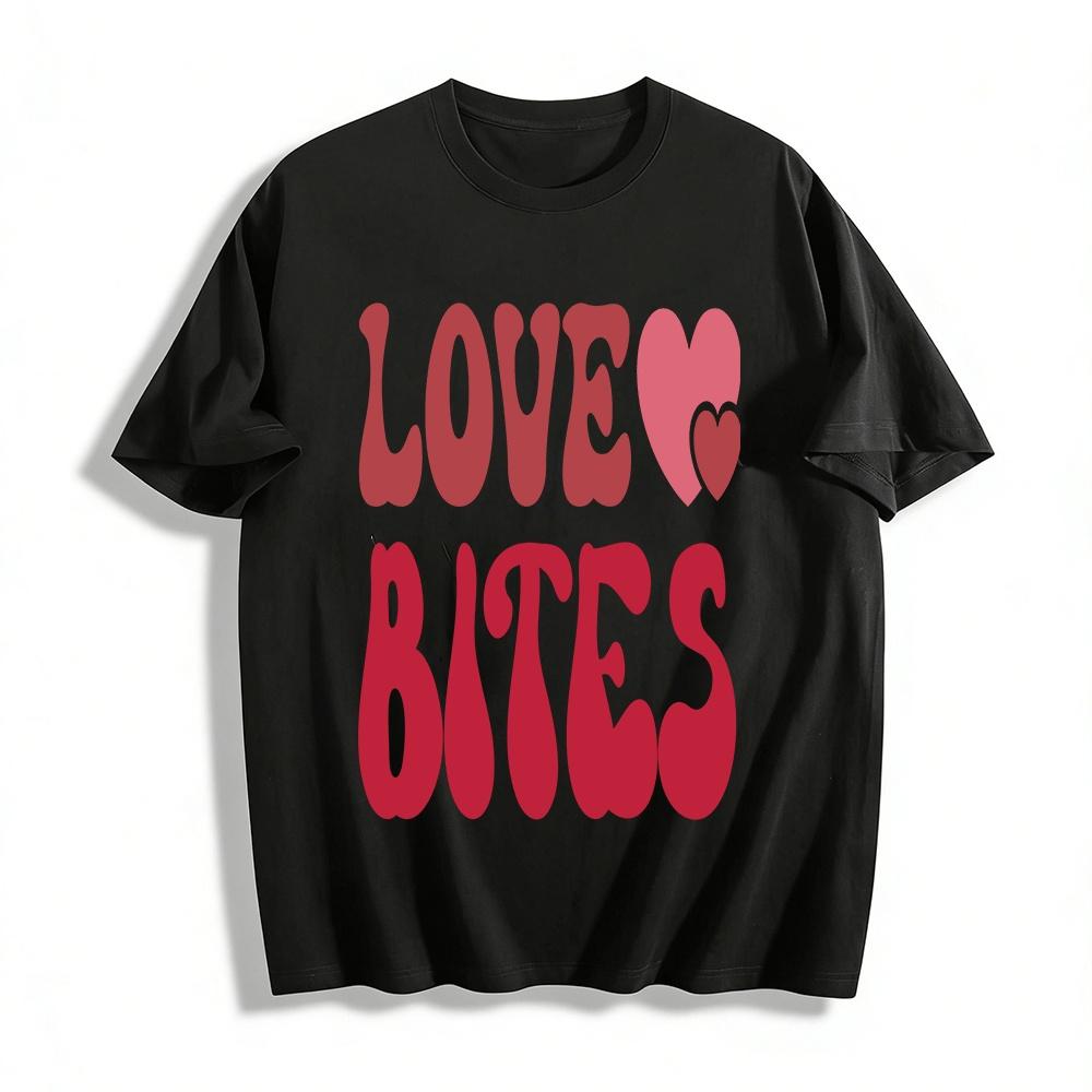 Retro Love Heart LOVE BITES Print Casual Couple Crew Neck Tee Pure cotton T-shirt XXS