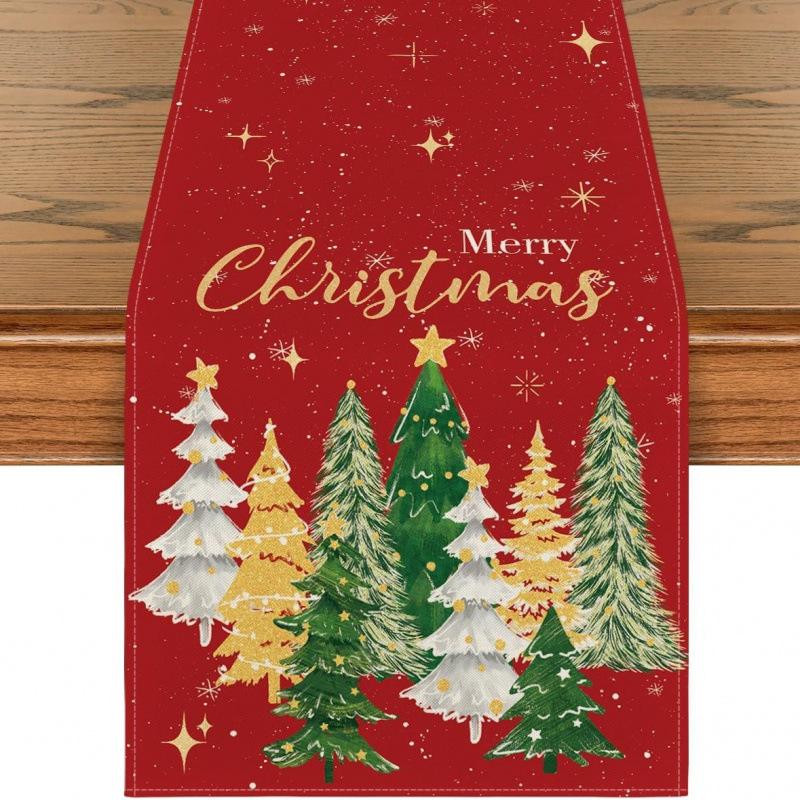 Festive Snowman Christmas Tree Table Runner Home Kitchen Dining Tablecloth for Party Decoration