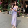 Coffee Break French Feeling Purple Smudge Suspender Dress Women's Summer New Holiday Style Slim and Thin Dress