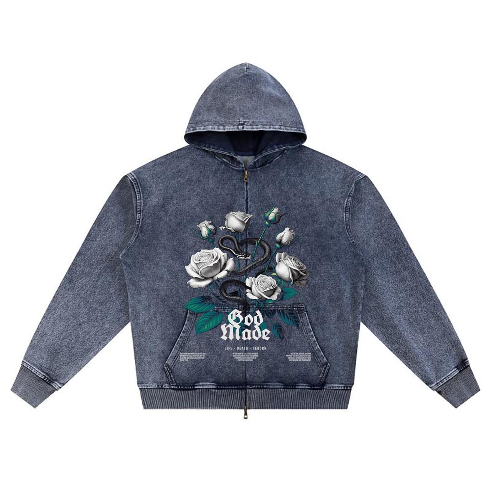 

DTG print Knitted Denim Zip-Up Hoodie God Made Brother Print Zipper Hoodies XL темно-синий