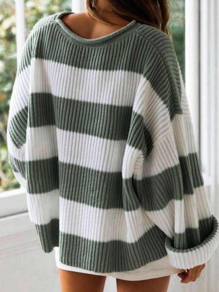 Retro Color Block Striped Sweater - Autumn/Winter Loose Round Neck Knit Pullover