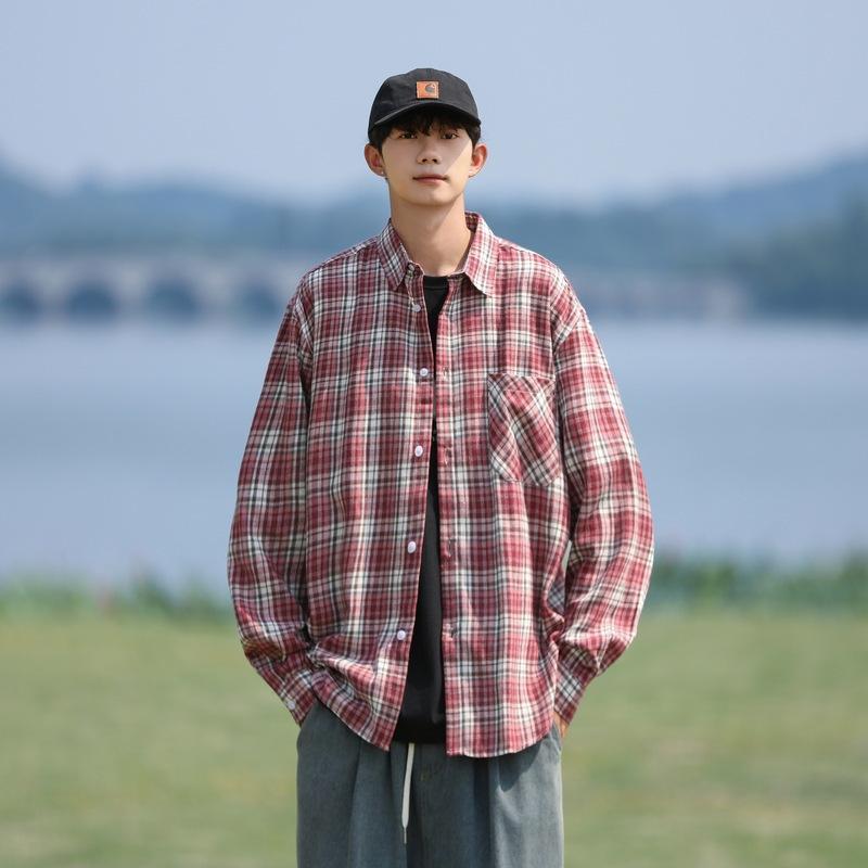 Japanese Plaid Shirt Men's Long-sleeved Spring and Autumn Retro Teenager Feel Handsome Trendy Casual Shirt Jacket