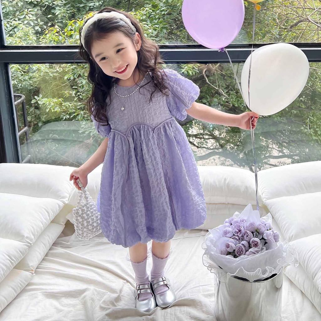 Girls' Summer Dress Solid Color Sweet Dress Short Sleeved Princess Dress Fluffy Dress for Children Clothing