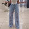 Jeans Versatili da Donna Patchwork di Pizzo da Donna Borsa Casual Ampia Gamba Dritta Larga Spandex per Pantaloni in Denim Vita Media Floreale Traforato Flessibile