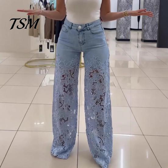 Jeans Versatili da Donna Patchwork di Pizzo da Donna Borsa Casual Ampia Gamba Dritta Larga Spandex per Pantaloni in Denim Vita Media Floreale Traforato Flessibile