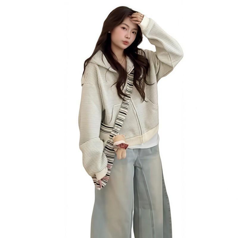 Early Korean Style Striped Hooded Sweatshirt Coat Women Short Fitted Top