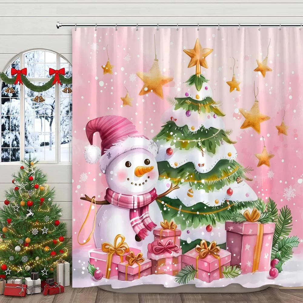 Pink Christmas Printed Shower Curtain Cute Snowman and Christmas Tree Gift Polyester Shower Curtains Bathroom Decor with Hooks