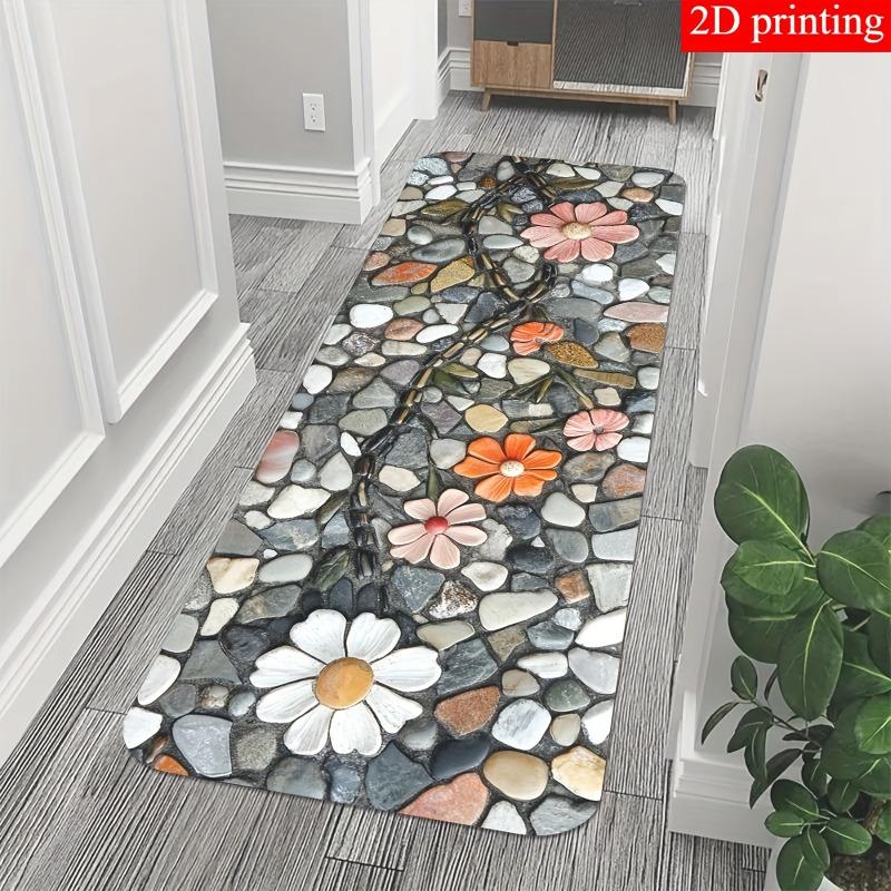2D Flat Bohemian Pebble Stone Pattern Runner Mat Anti Slip Long Kitchen Rug for Laundry Room Hallway and Bedside
