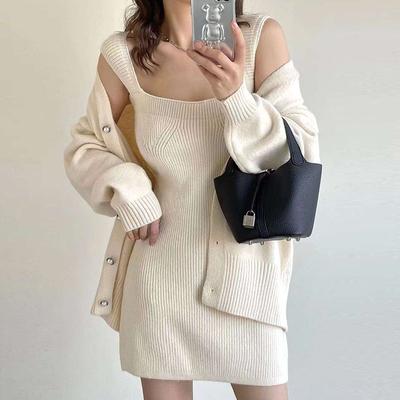 Svetrové šaty Korejský šik podzim/zima Vintage Cardigan Pletený svetr s dlouhým rukávem Kabát s hranatým výstřihem Šaty na zavěšení Dámské topy