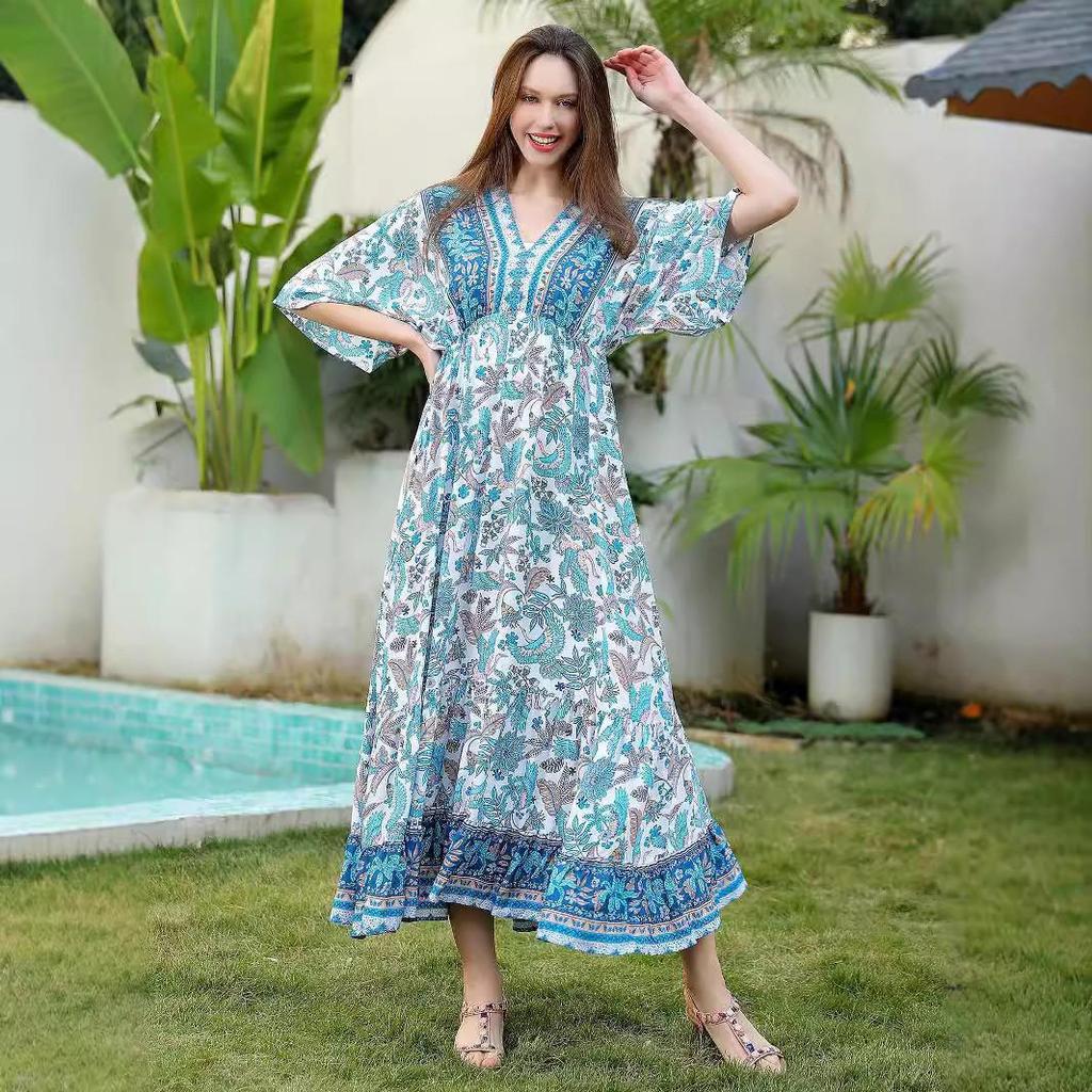 Bohemian Ethnic Print Rayon A-line Beach Dress - High Waist Long Seaside Vacation Dress