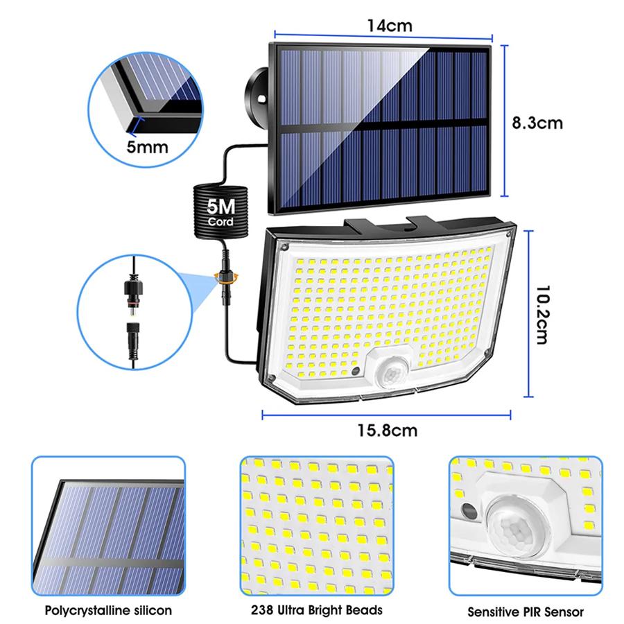 Solar Light Outdoor Super Bright Motion Sensor Strong Power 238 LED Solar Lamp IP65 Waterproof 3 Modes Garden Wall Street Lamp