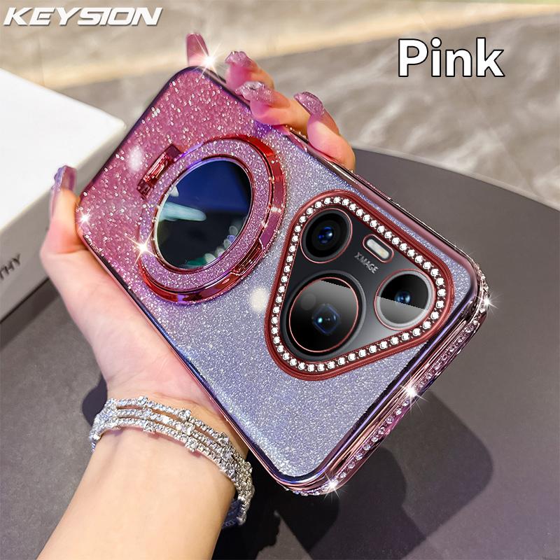 KEYSION Glitter Jewelled Magnetic Phone Case for Huawei Pura 70 Pro Makeup Mirror Stand Shockproof Cover for Huawei Pura 70