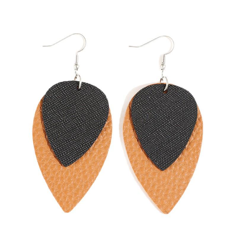 Retro Double Layer PU Leather Teardrop Sequin Earrings