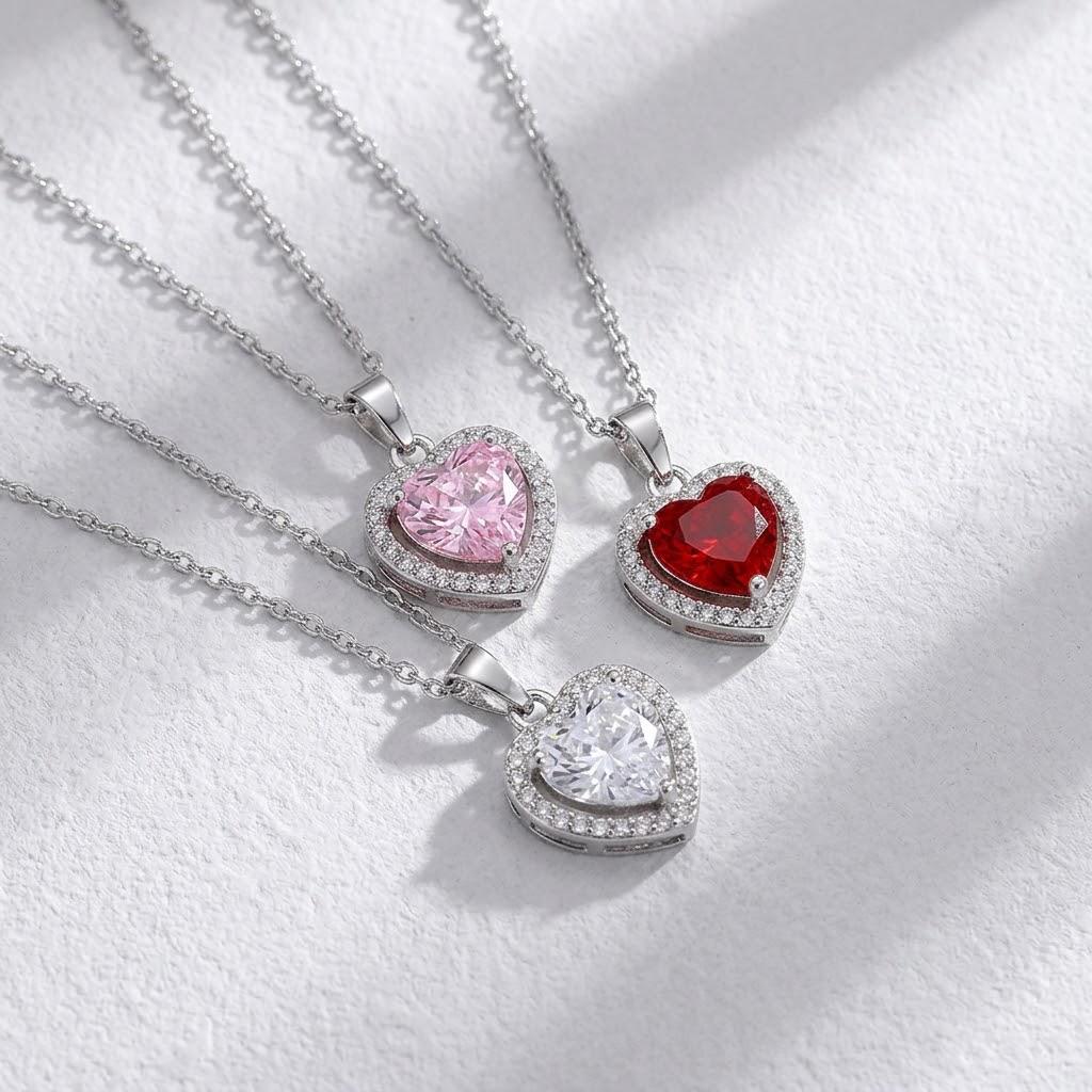 European & American Fashion Zircon Red Gem Heart Necklace