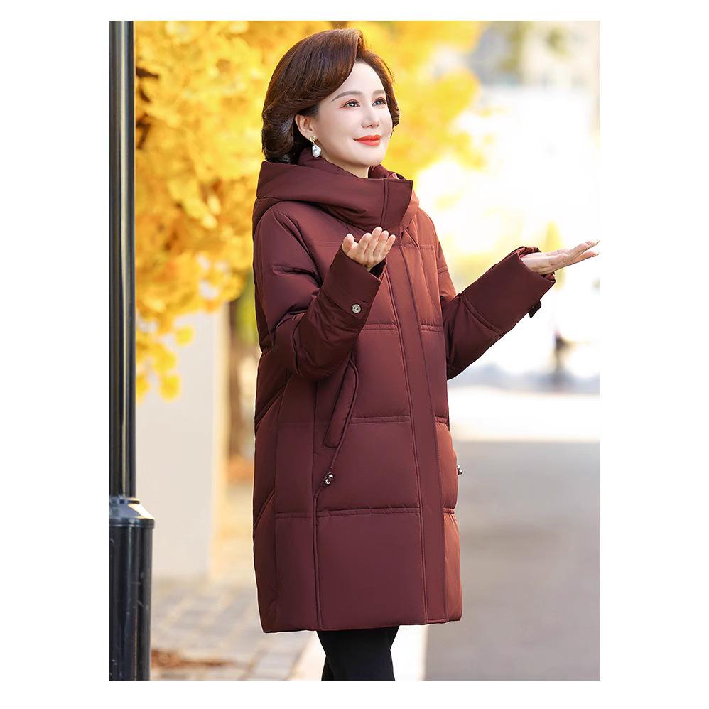 Women's Down Jacket Winter Mid To Long Style Mom Hooded Thick Warm White Duck Down Jacket