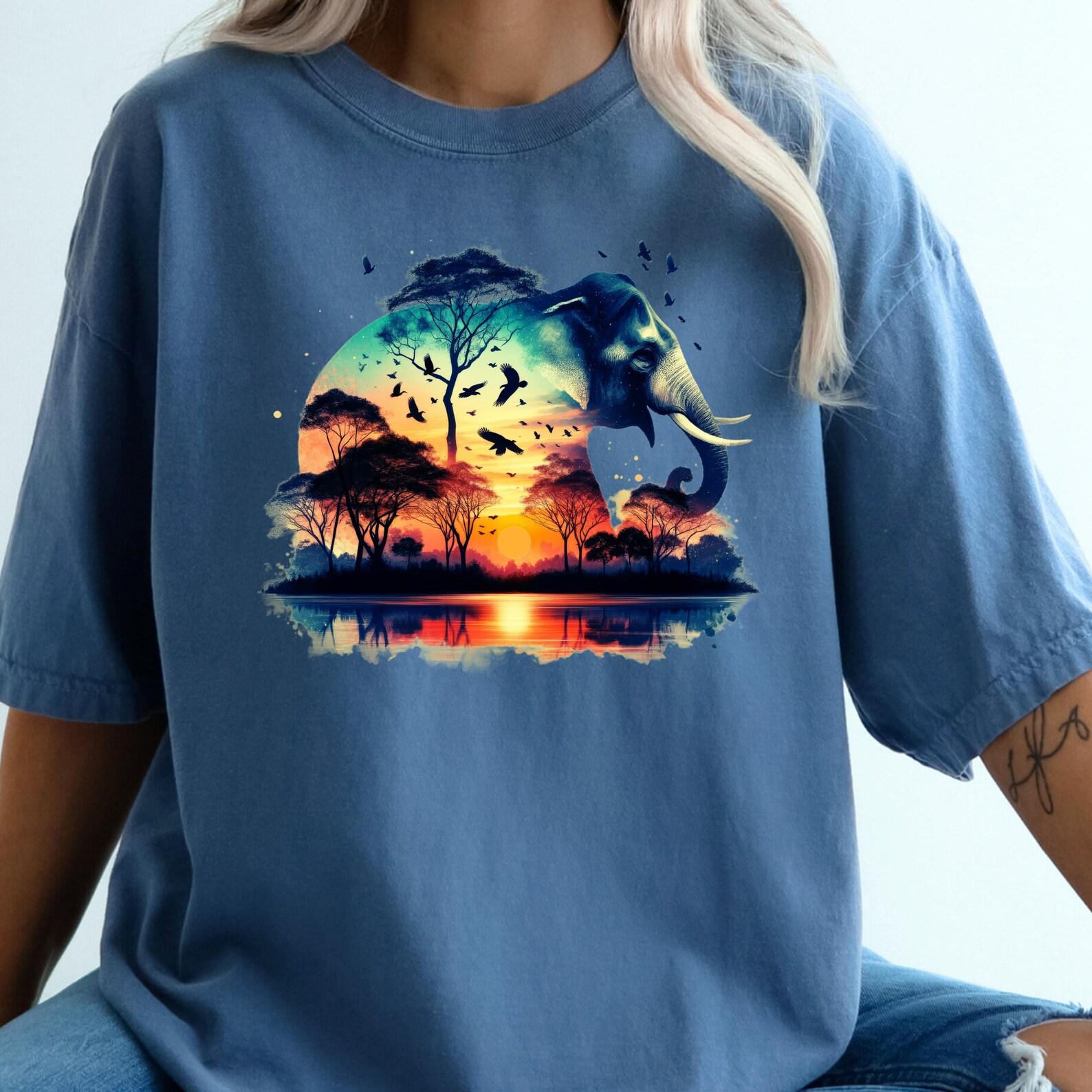 African Sunset Elephant Silhouette T-Shirt, Wildlife Scene Tee L