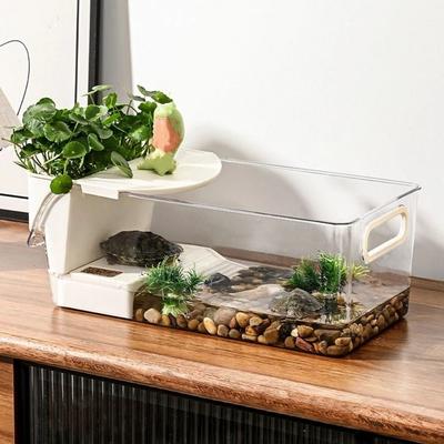Transparenter Schildkrötentank Sonnenplatz Kunststoff Reptilien Terrarium Trocken Nasse Trennung mit Kletterplatz Schildkröten Zuchtbox
