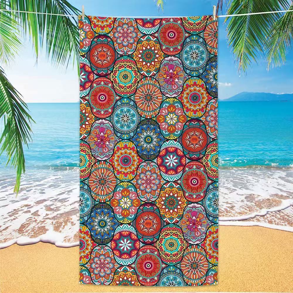 Bohemian Mandala Patchwork Beach Towel, Vibrant Ethnic Circle Print Quick Dry Microfiber Towel for Women