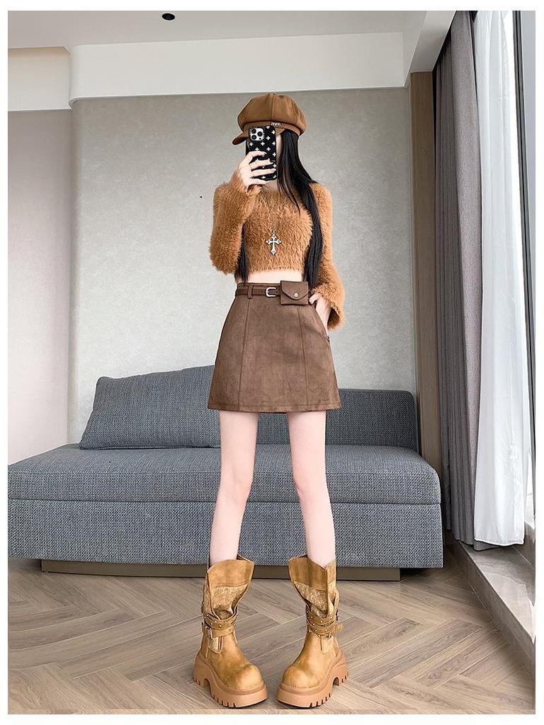 High-Waist Plus Size Korean Style PU Suede A-Line Skirt with Belt Bag - Spring/Autumn Women's Short Skirt