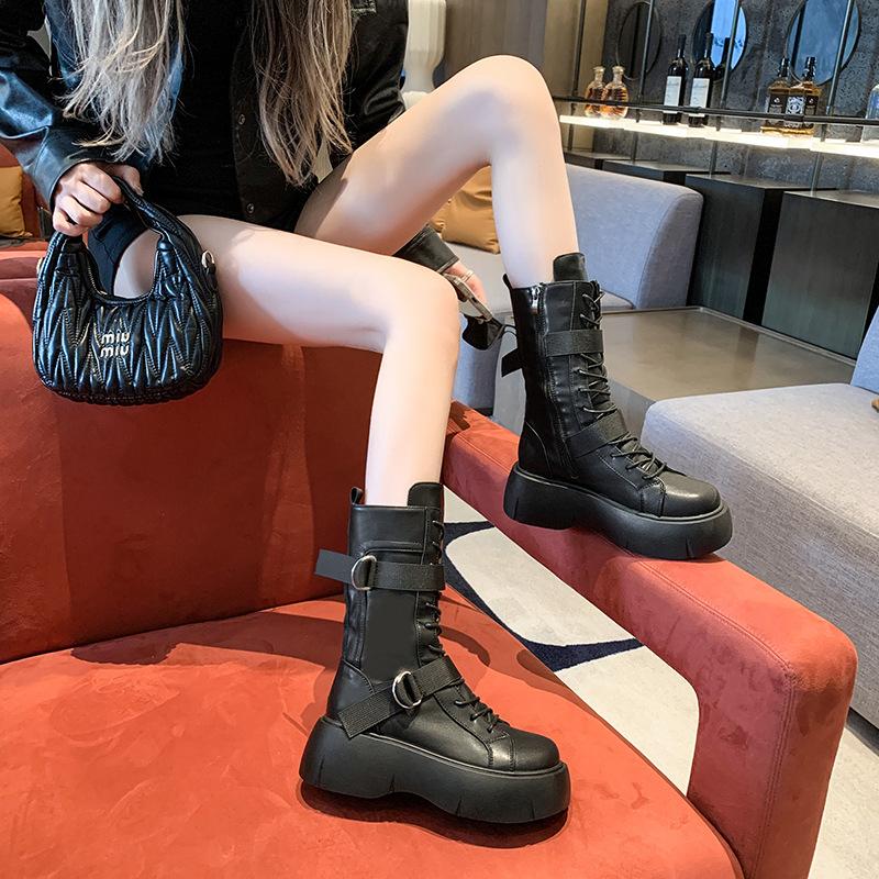 Women Platform Locomotive Boots 2024 Side Zip British Mid-calf Boots Retro Belt Buckle Leather Botas Versatile Lady Footwear
