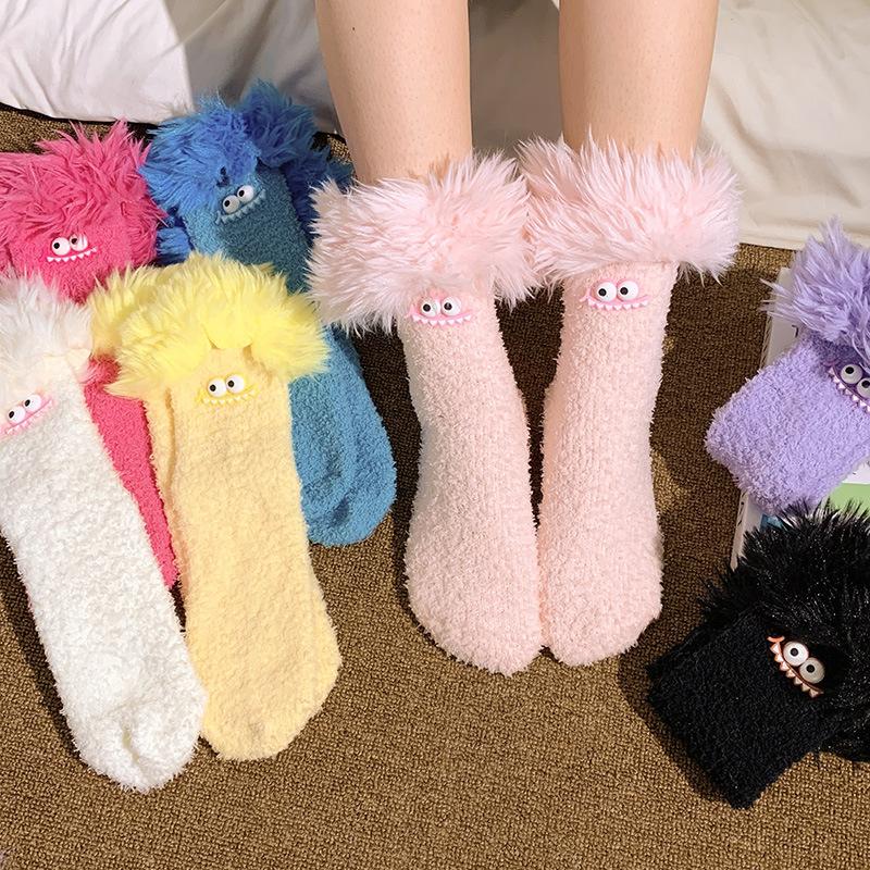 Funny Big Mouth Monster Plush Socks Cartoon Creative Warm Plush Thick Coral Velvet Sleeping Socks Winter Women Socks Gifts