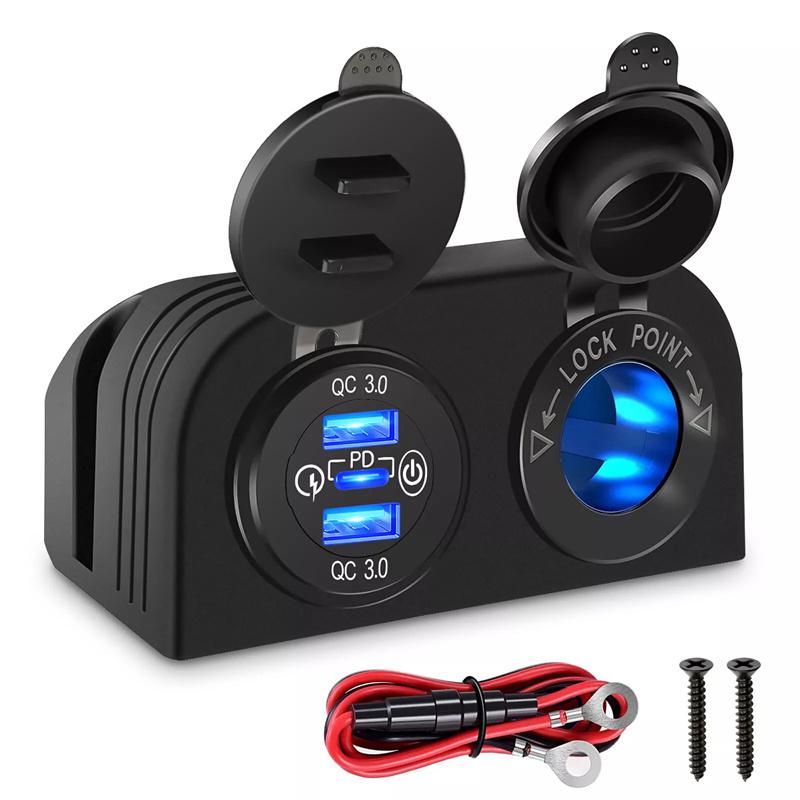 Zelt-Typ Panel Zwei-Loch, Quick Charge 3.0 Dual-USB Auto-Ladegerät + 12V/24V Steckdose für Auto, Motorrad, Boot, Marine, ATV
