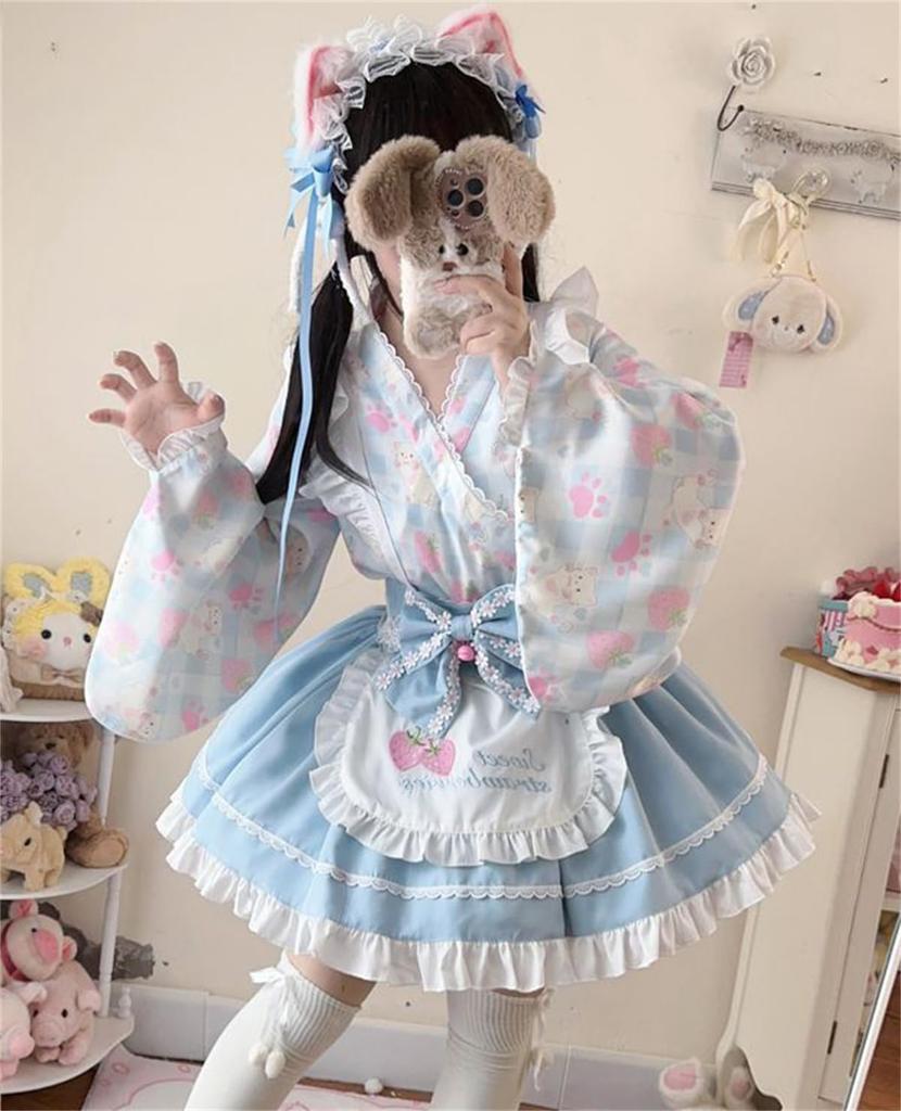CAWILXHA Lolita Cosplay Japanese Light Blue and Princess Long Mori Dreamy Cute Halloween Costume Blue Dress, Costume, Style, Pink, Sleeves, Sleeves,