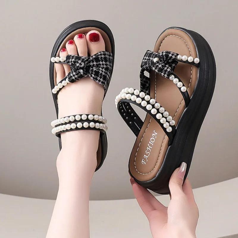 Fashion Wedges Heel Woman Shoes Cheap Liquidation Luxury Summer Comfortable Shoe Asian Size on Offer Vintage Vip Pearl Sandals for Women
