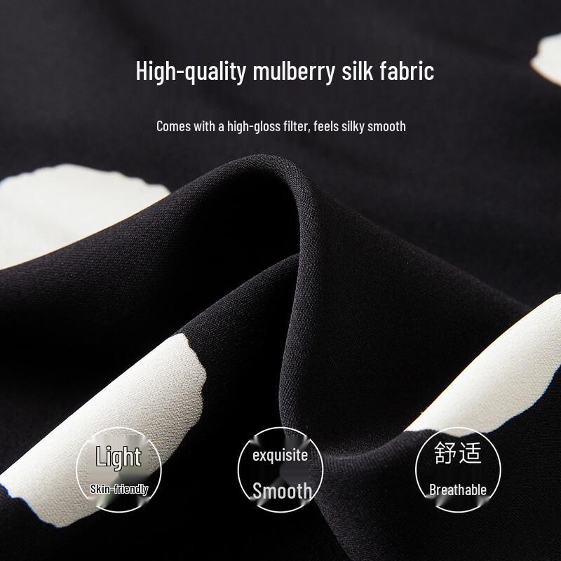 TUHUANG Hepburn Stil Maulbeerseide Gepunktetes A-Linien Midi-Kleid
