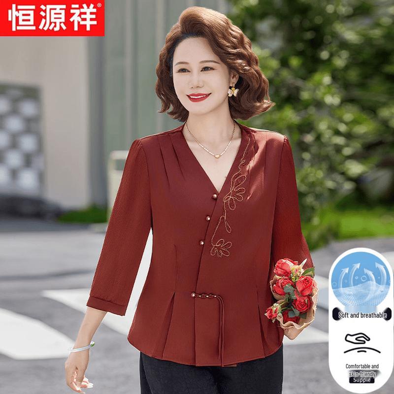 Hengyuanxiang New Chinese Style Embroidered V-Neck Blouse XL