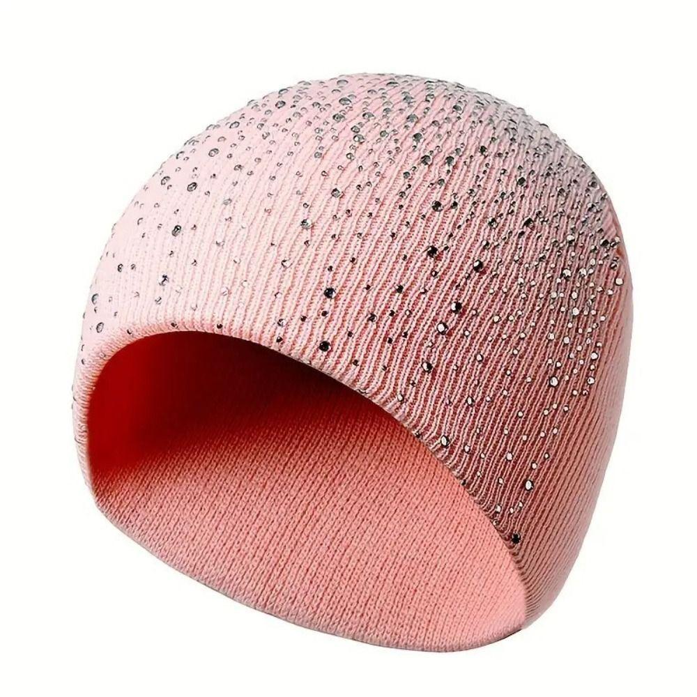 Rhinestone Decor Warm Winter Hat Stretchy Fit Winter Knitted Cap Outdoor Streetwear