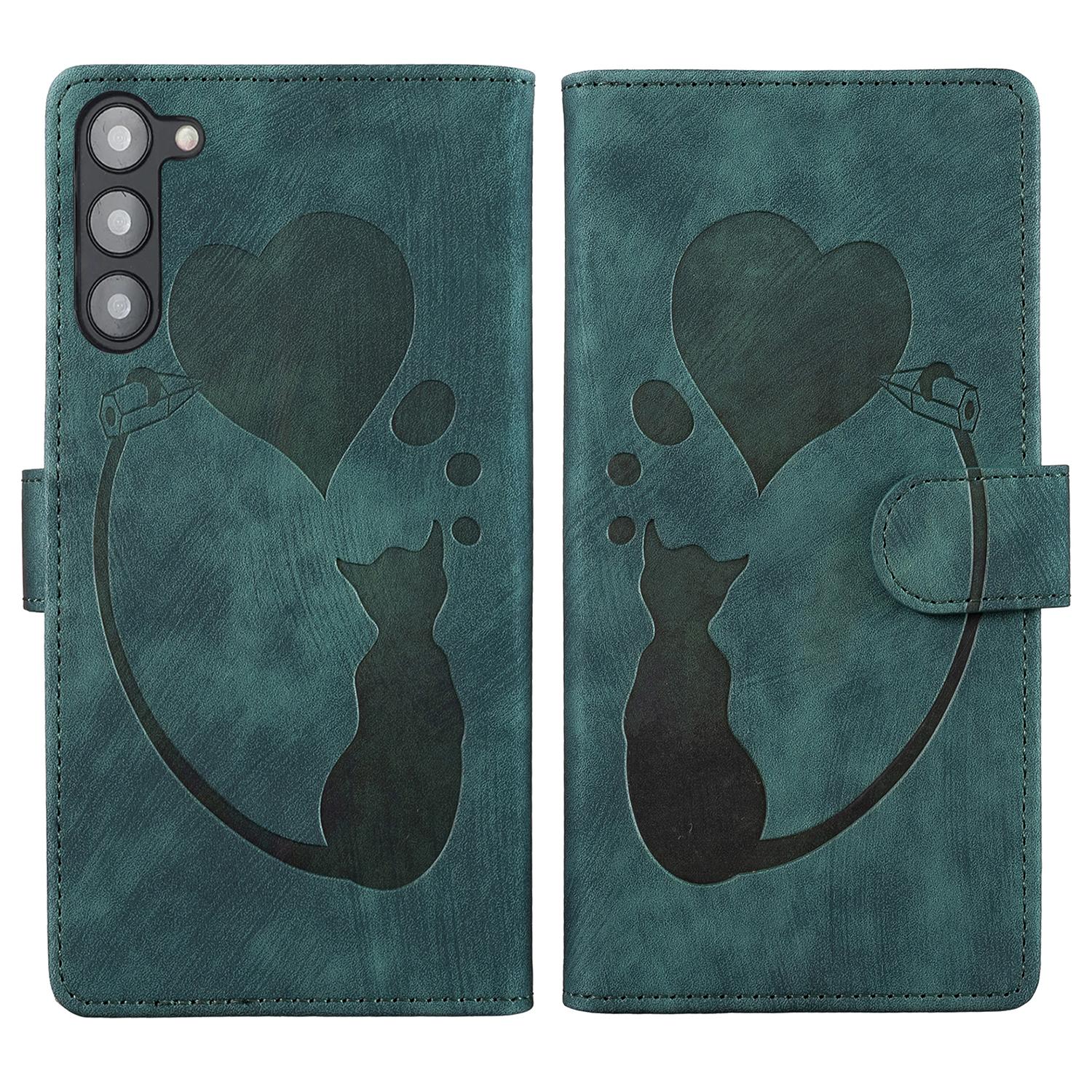 

For Samsung Galaxy S23 Phone Case Cute Cat Imprint PU Leather Wallet Flip Cover Green