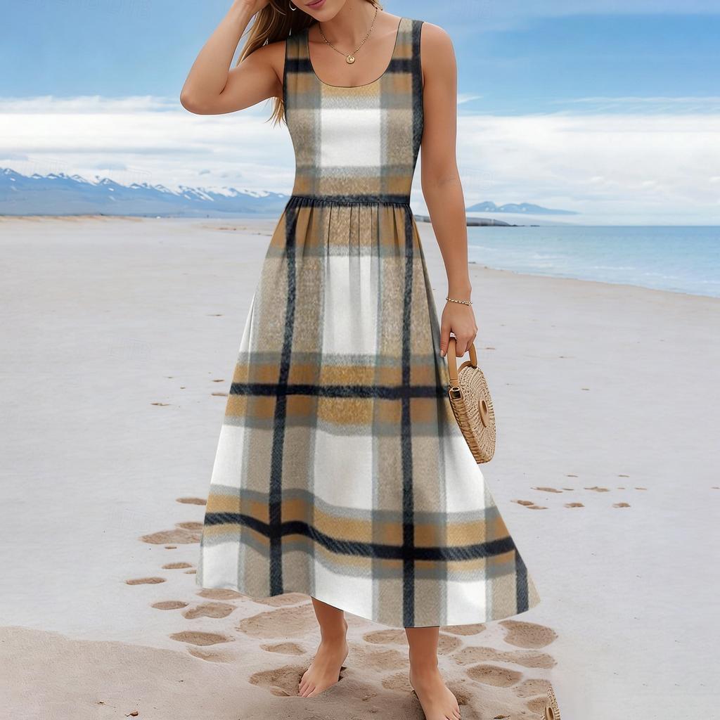 Ladies' Checkered Summer Casual and Fashionable Sleeveless Long Dress