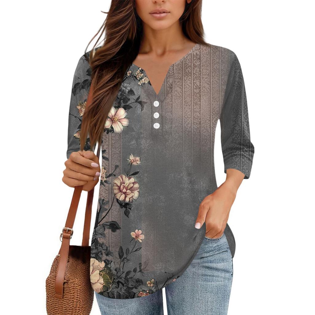 Damen V-Ausschnitt Freizeit Dreiviertelarm Knopf-Detail Top mit Blumenmuster