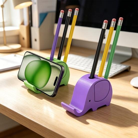 jijijing 3D Printed Elephant Phone Holder with Pen Holder, Multifunctional Stand, Hands-Free Desktop Organizer, Creative Cute Shape for Home Office