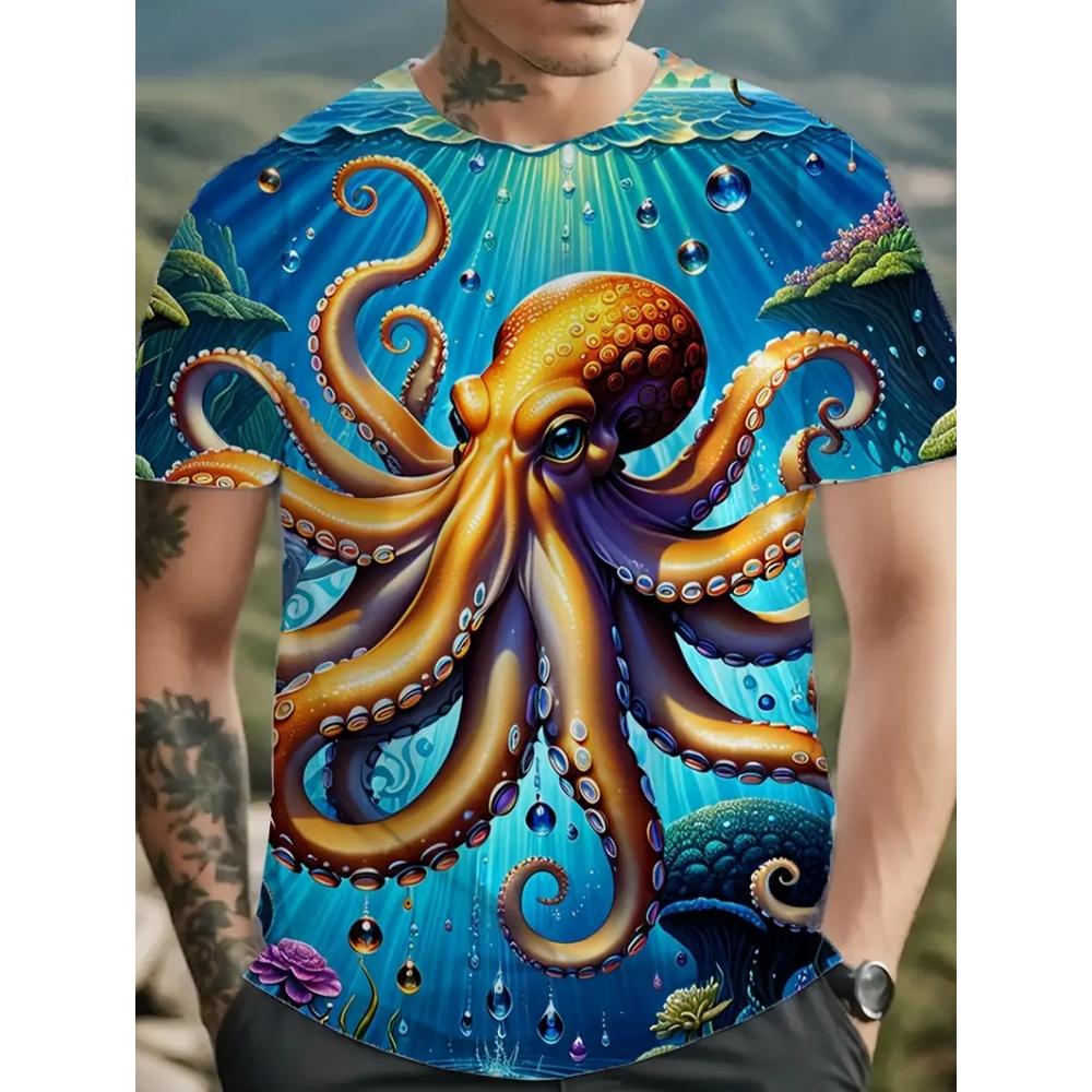 Underwater World Men's T-Shirt Realistic Sea Creatures 3D Print Short Sleeve Fashion Casual Travel Men's Loose O-Neck Breathable T-Shirts