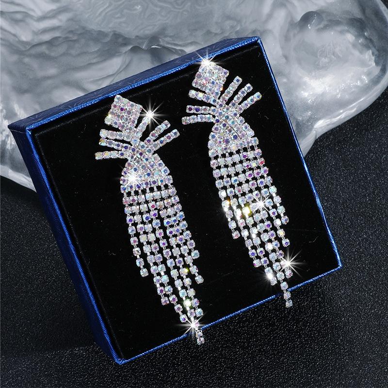 Simple and versatile face small AB diamond long fringed earrings