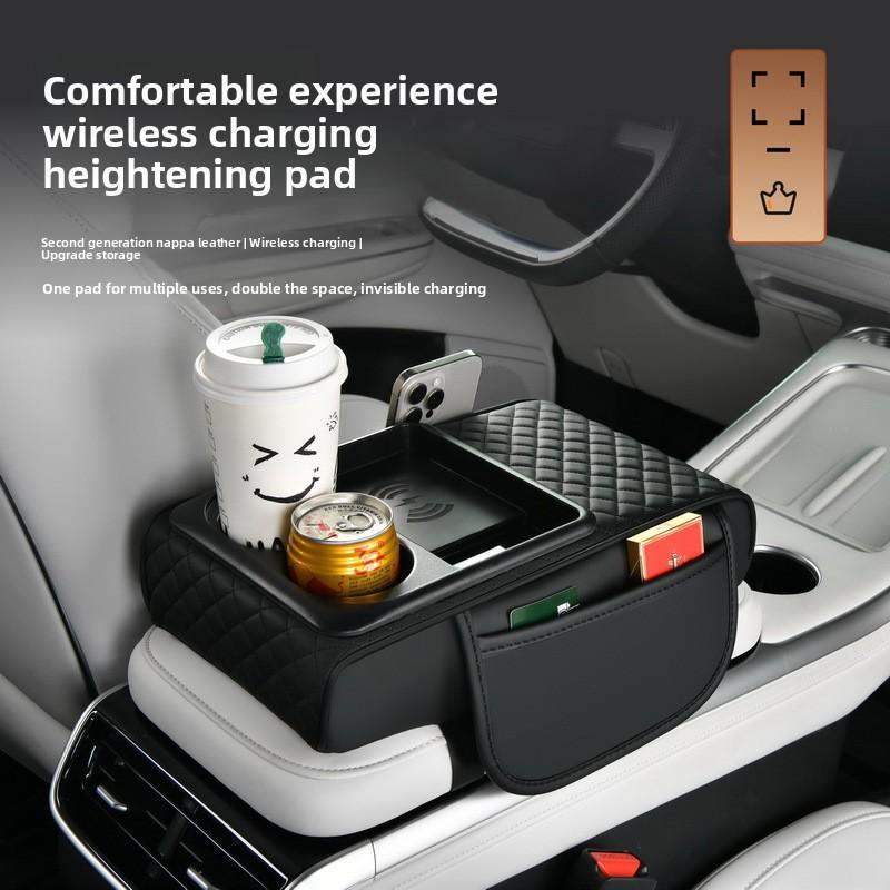 Multifunctional Car Armrest Box with Wireless Charging, Thicken Height Pad Arm Rest Cushion Storage Box Phone Cup Tissue Holder